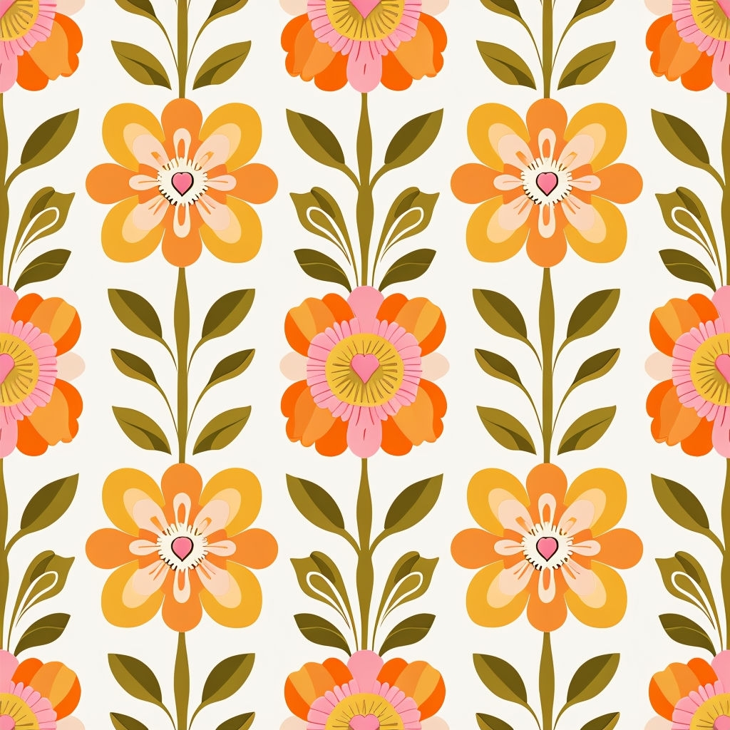 Vintage Floral Seamless Pattern with Warm Colors and Hearts Design