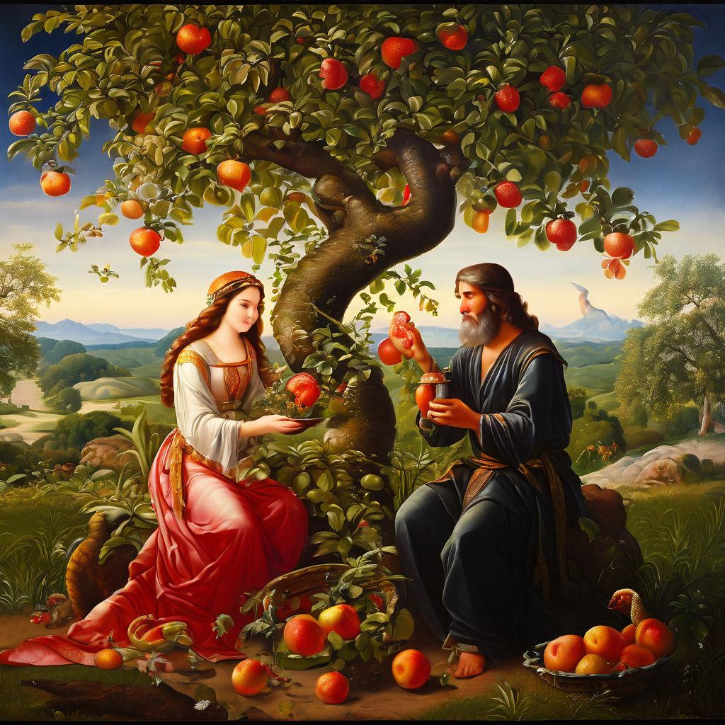 portrays Adam and Eve with the apple