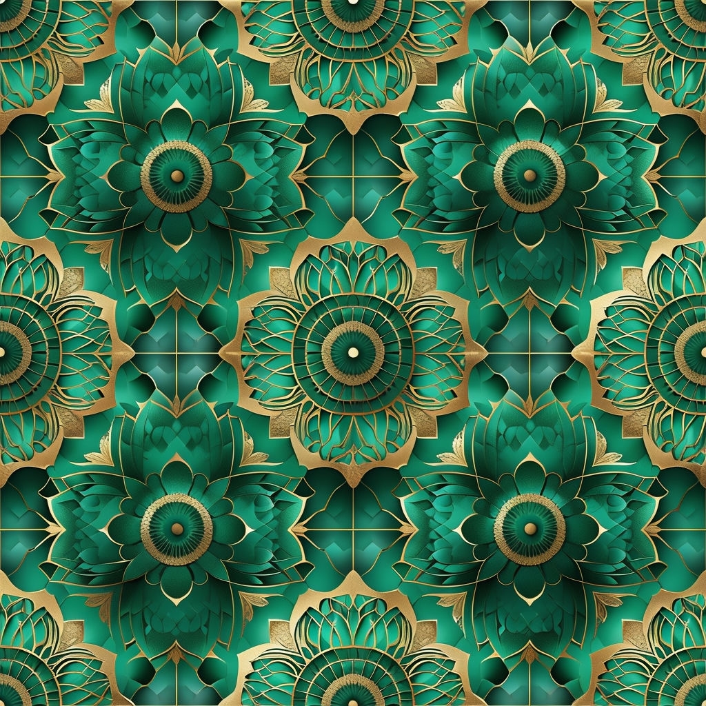Opulent Emerald Green and Gold Geometric Mandala Seamless Pattern