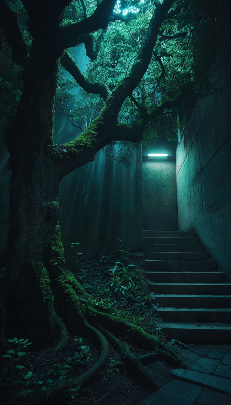 Surreal Urban Nature Scene with Tree and Staircase Mobile Wallpaper