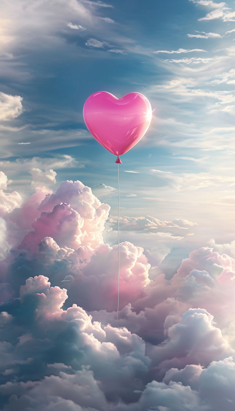Vibrant Pink Heart Balloon Floating Among Fluffy Clouds Mobile Wallpaper