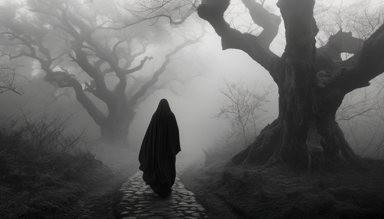 Mysterious Foggy Forest Path with Cloaked Figure Background