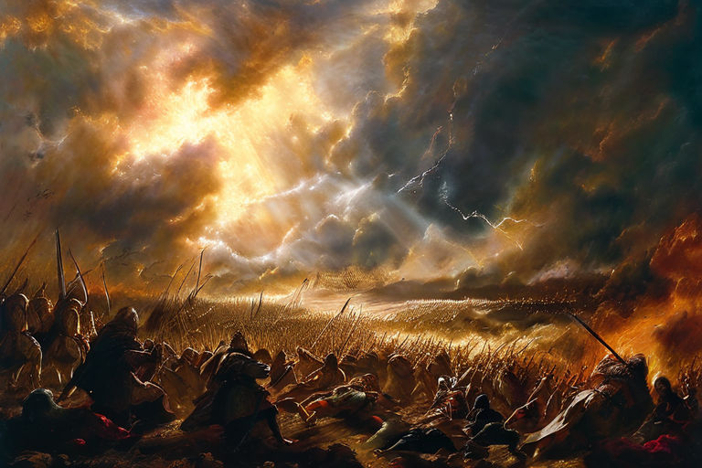 A dramatic battle scene from Ezekiel's prophecy: the armies ... by ...