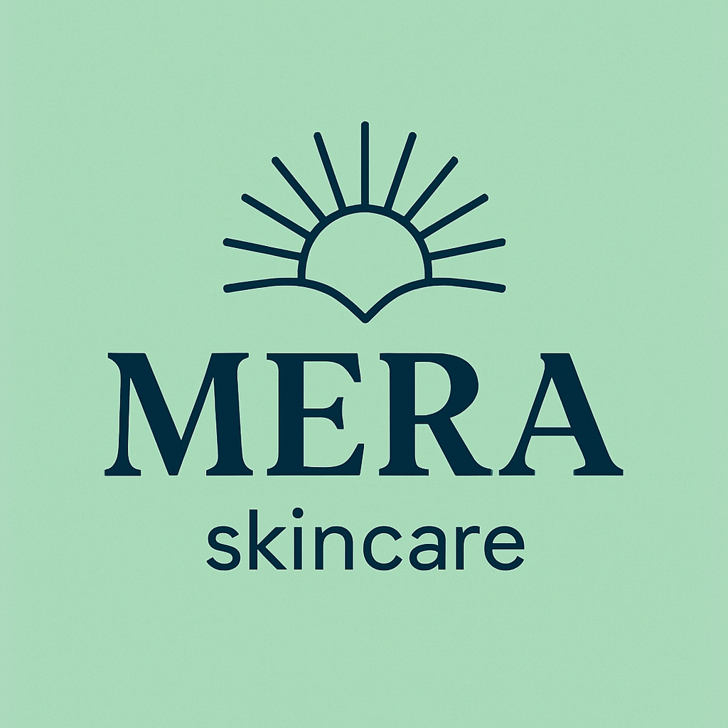 Minimalist Navy Blue MERA Skincare Logo on Light Mint Background