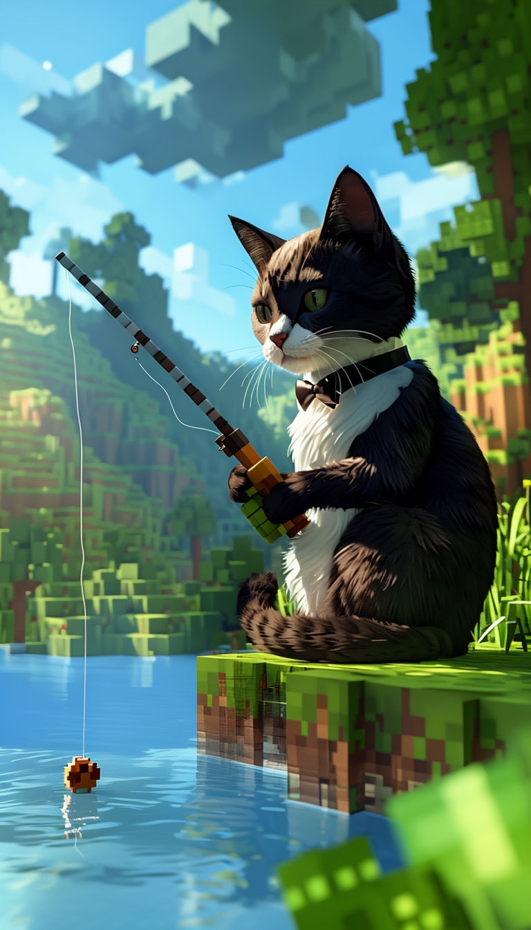 Tuxedo Cat Fishing in a Whimsical Minecraft Landscape Art