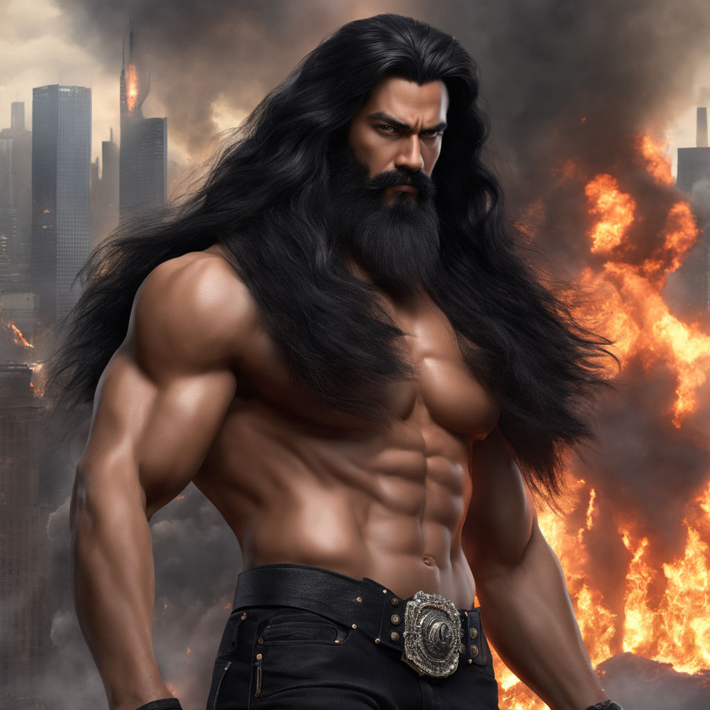 a muscular warrior with long black hair and a long beard