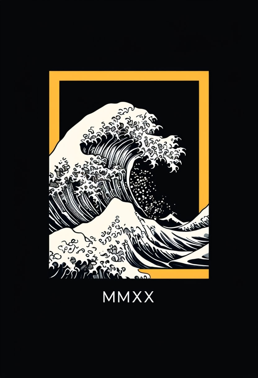 Stylized Ocean Wave Graphic Design in Japanese Ukiyo-e Style Art