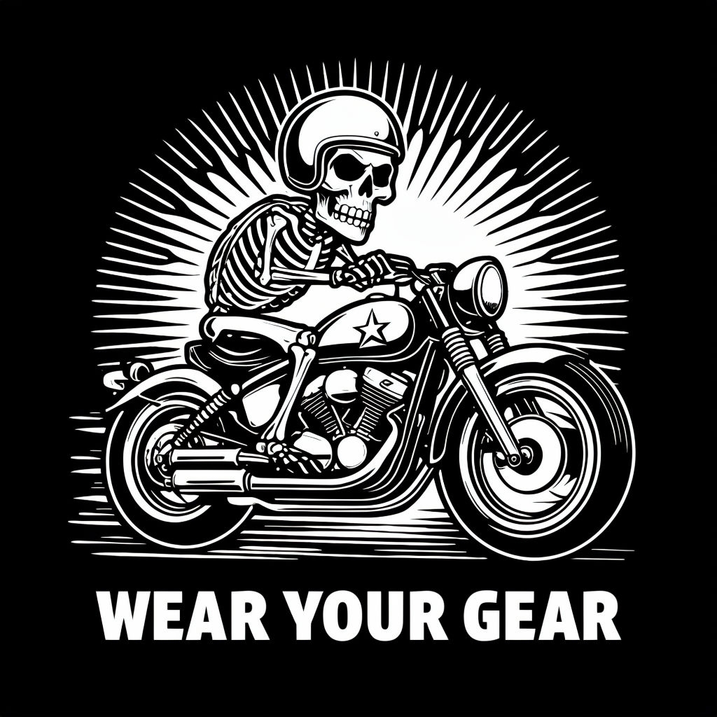 Skeleton Motorcycle Rider with Wear Your Gear Message T-Shirt