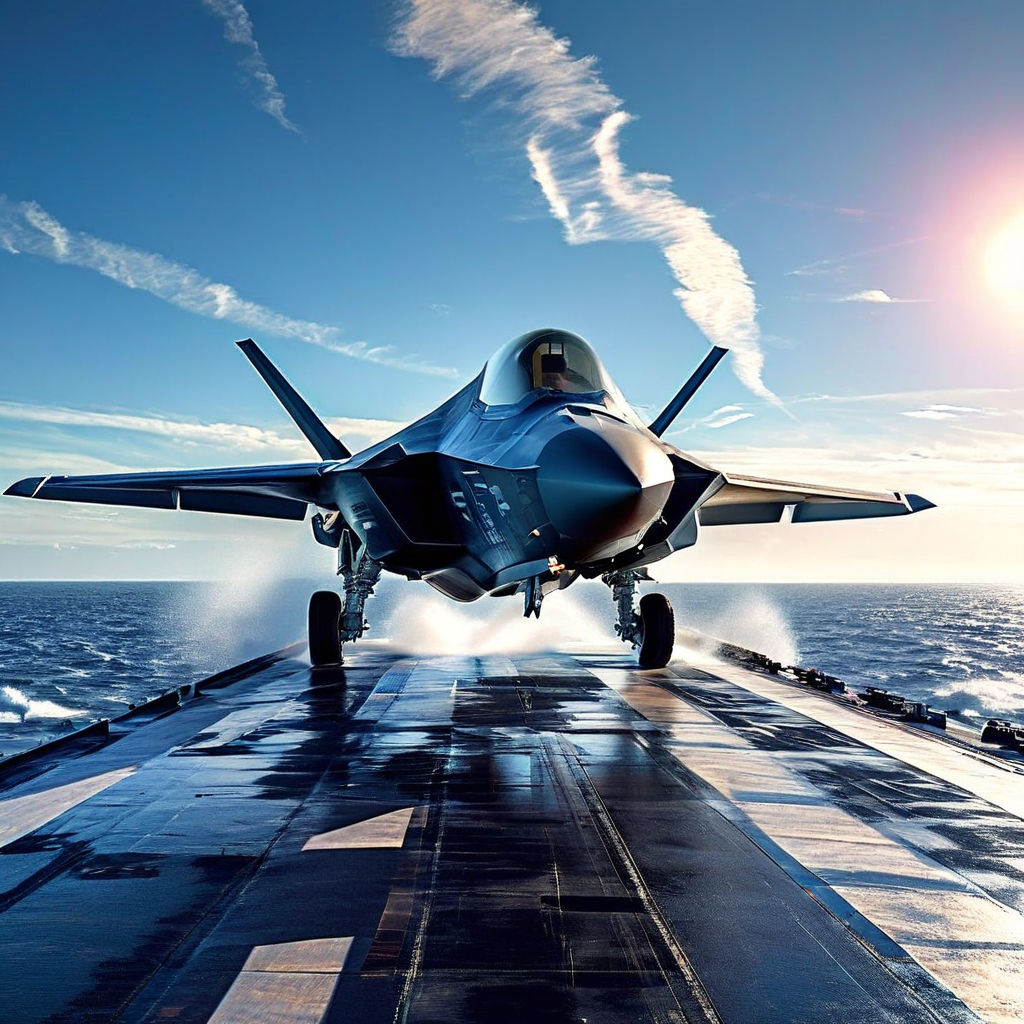 Mid-day light bathing an F-35 fighter jet as it roars off an... by ...