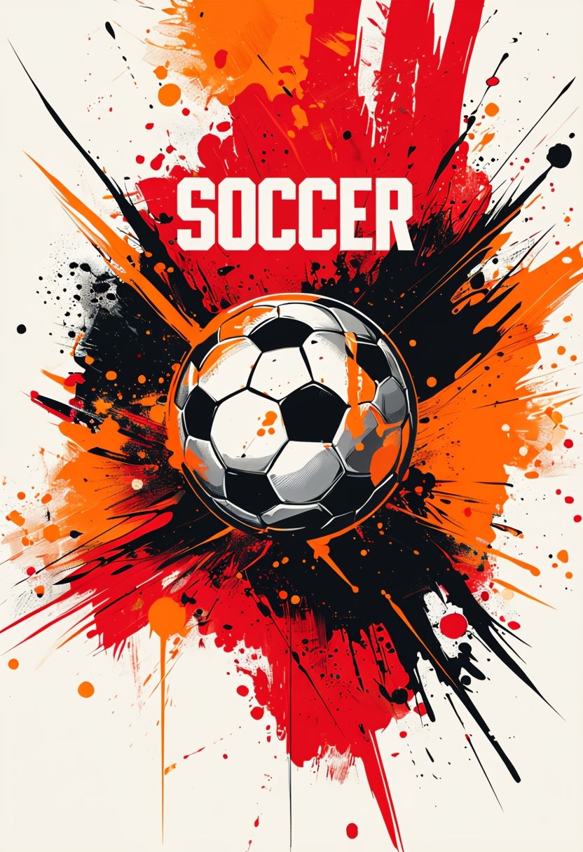 Dynamic Soccer Ball Design with Energetic Brush Strokes Poster