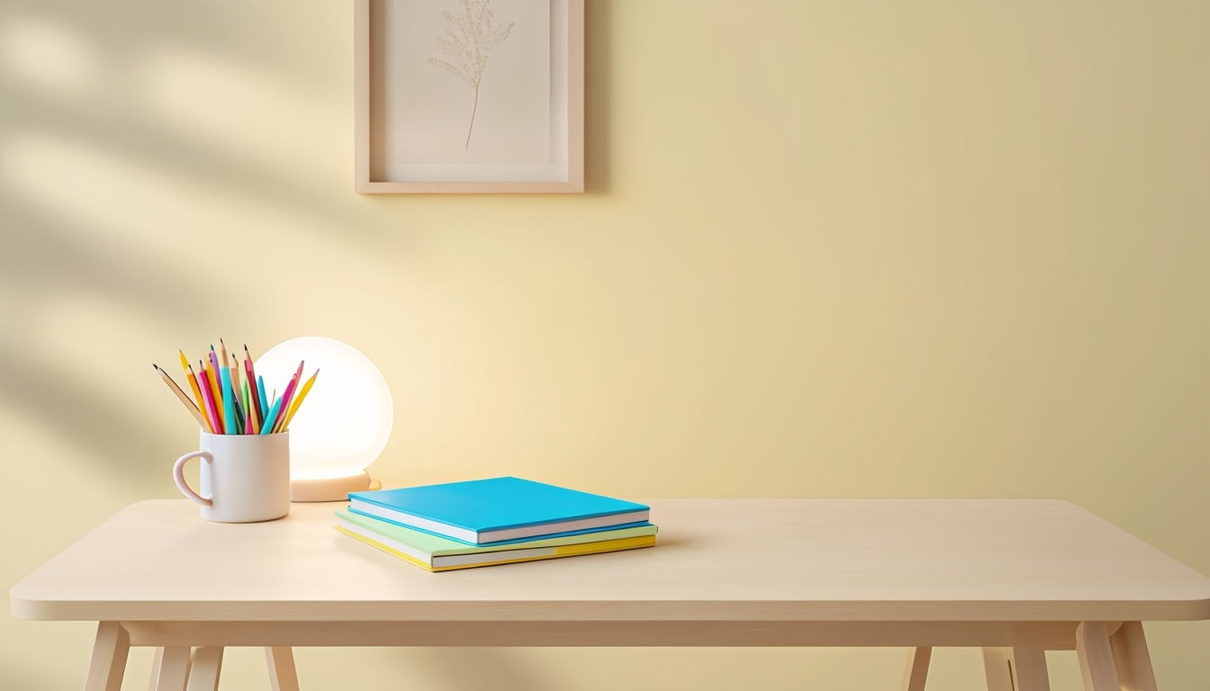 Serene Study Space with Colorful Notebooks and Lamp Art