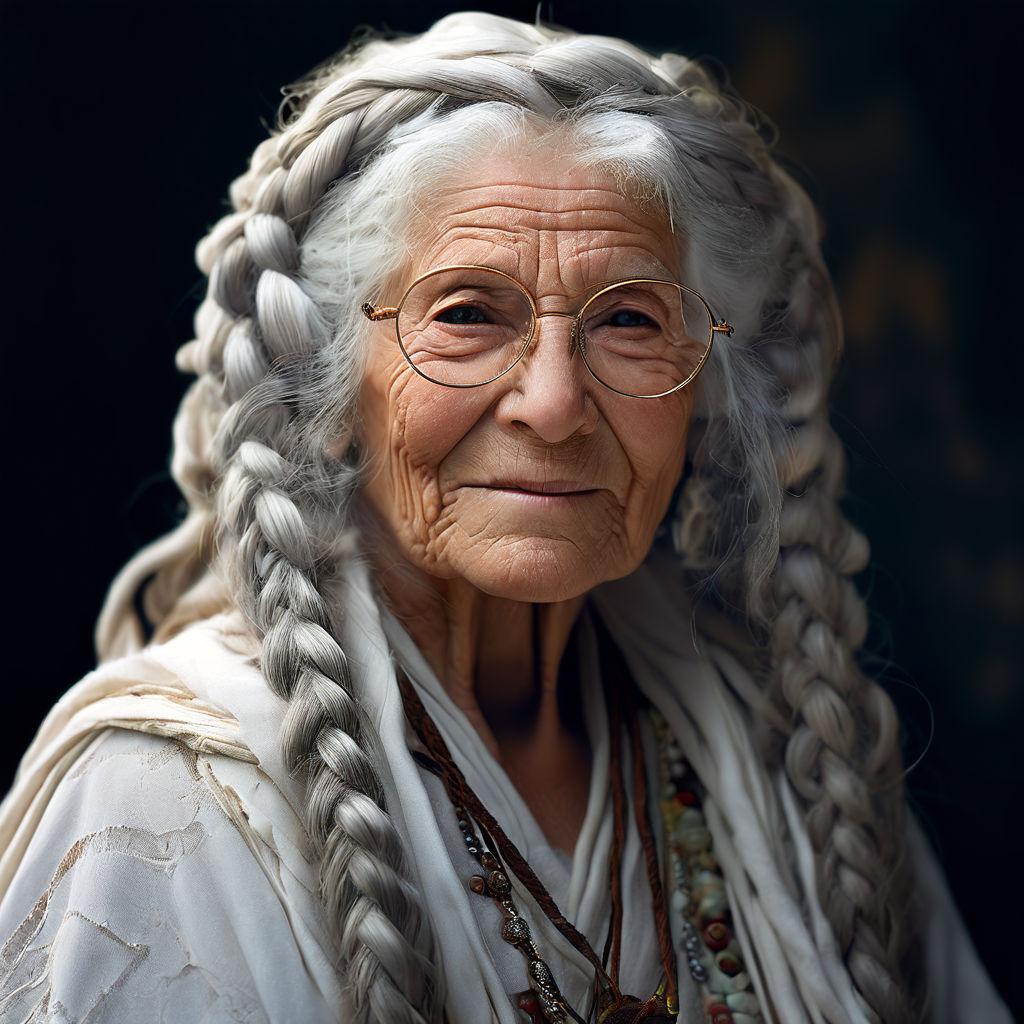 Creepy old lady with long silver hair