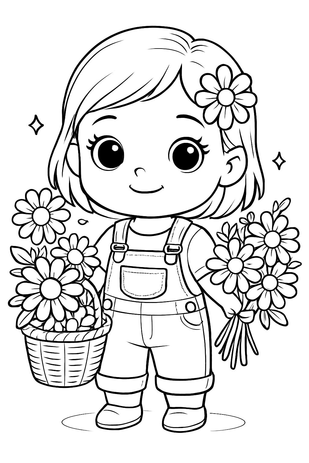Cheerful Anime Girl with Daisies in Woven Basket Coloring Page