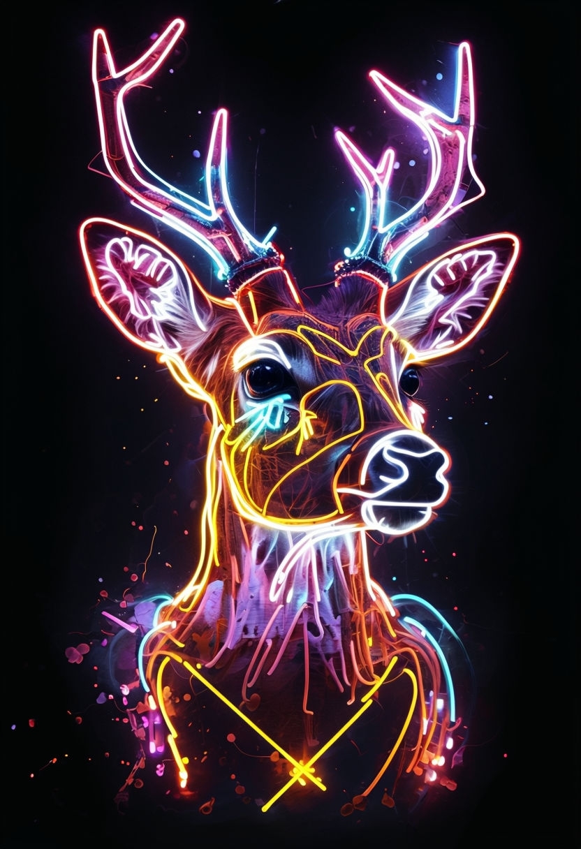 Vibrant Neon Deer Portrait with Electrifying Glow Art