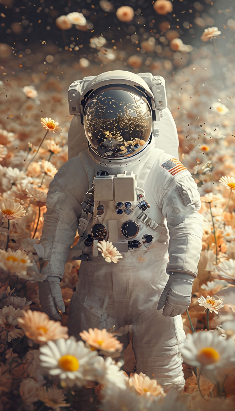 Surreal Astronaut in Floating Daisy Field Digital Artwork Mobile Wallpaper