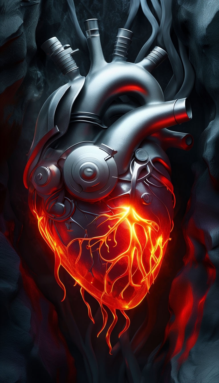 Stylized Ancient Mechanical Heart with Vibrant Energy Illustration Art