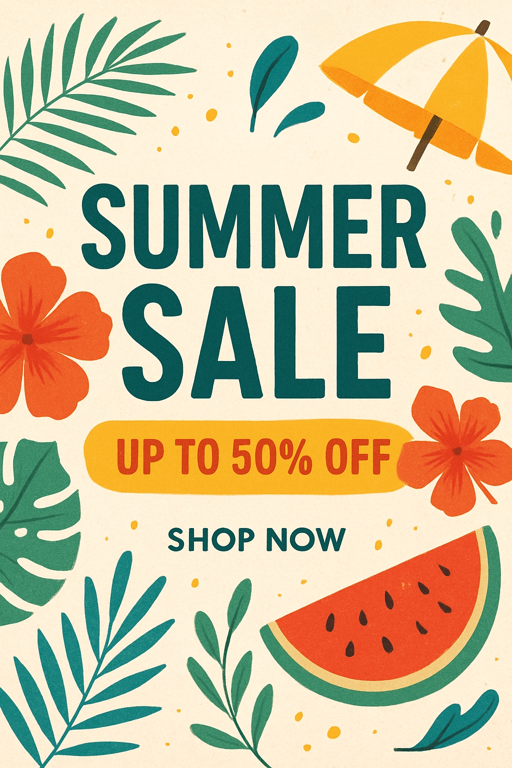 Vibrant Summer Sale Advertisement with Tropical Elements Social Media Post