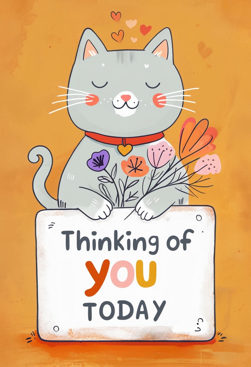 Whimsical Gray Cat with Flowers Thinking of You Card