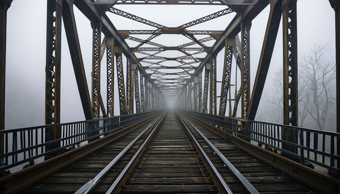 Rustic Steel Truss Bridge with Foggy Background Virtual Backgrounds