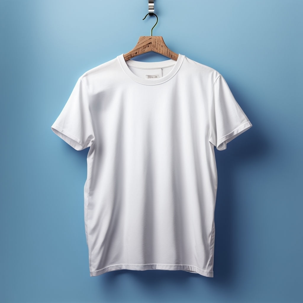 White T-shirt on Wooden Hanger Against Blue Background Mocku