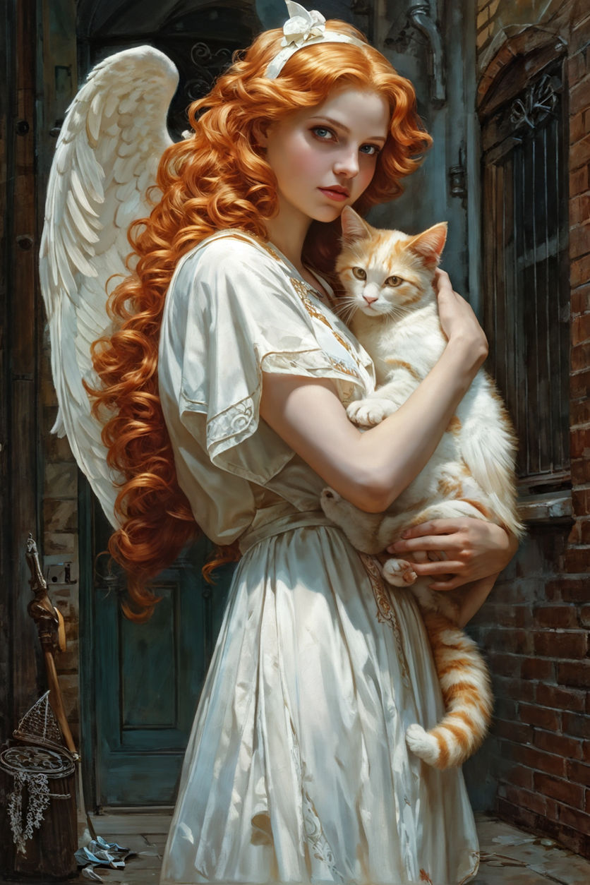 close up gracious ginger-haired girl hugging cute fluffy white gremlin  demon creature oil portrait