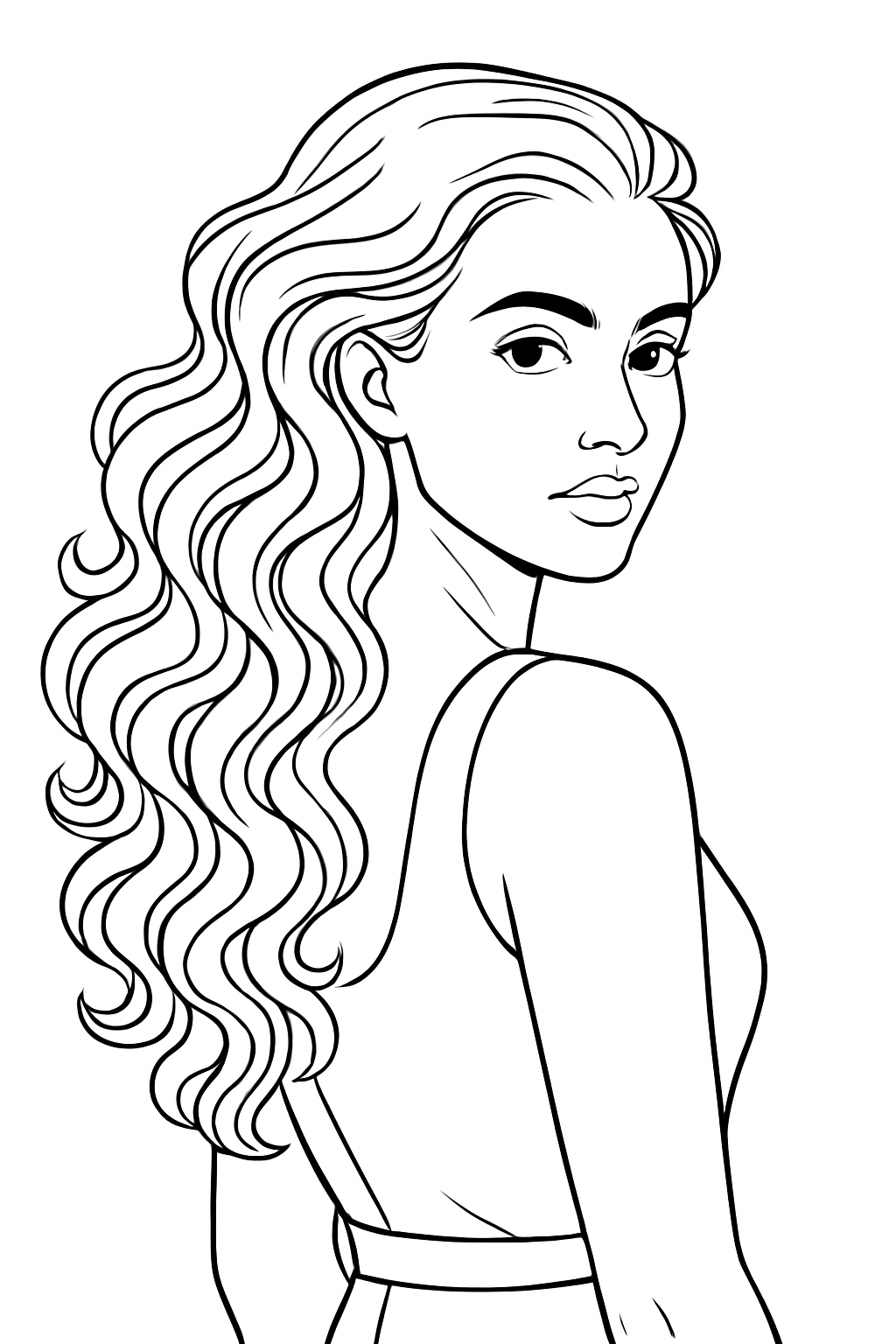 Elegant Young Woman Line Drawing Illustration Coloring Book Pages