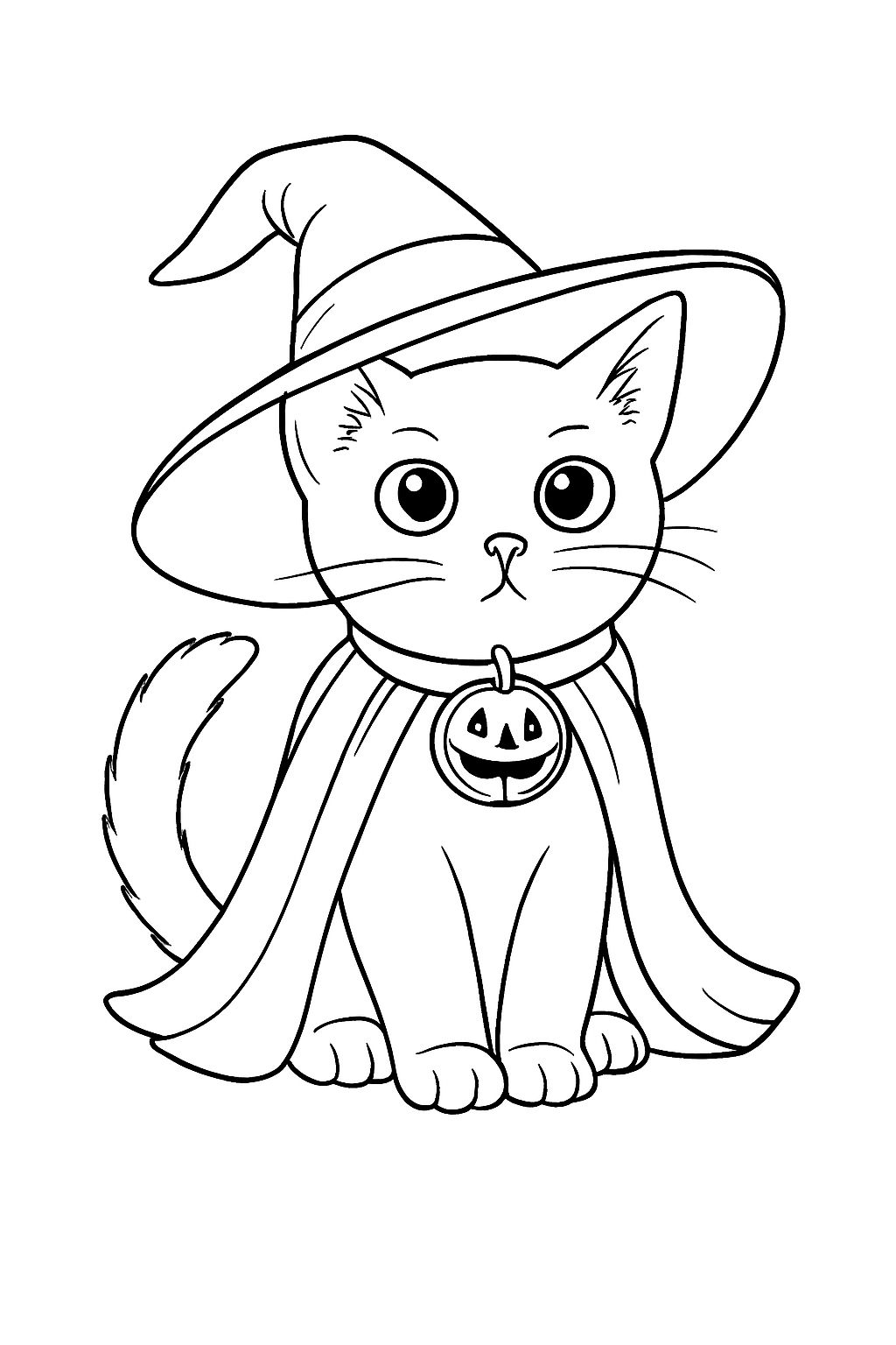 Adorable Cartoon Cat in Witch Hat and Cape Coloring Book Pages