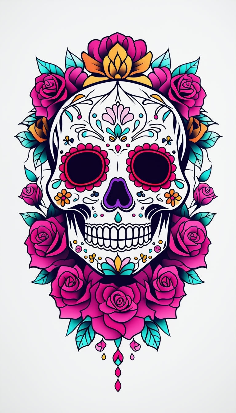 Intricate Calavera Catrina Tattoo Design with Colorful Roses Art