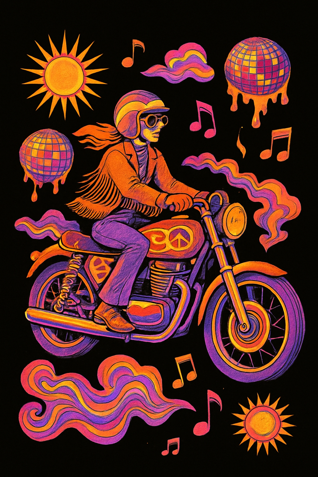 Psychedelic Motorcycle Adventure Illustration with Vibrant Colors Art