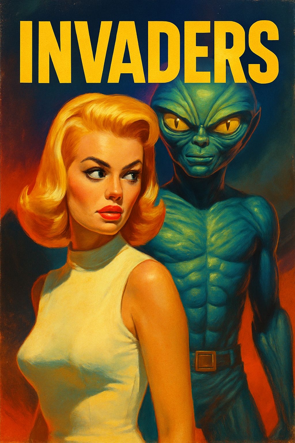 Retro Science Fiction Invaders Art of Blond Woman and Alien Poster