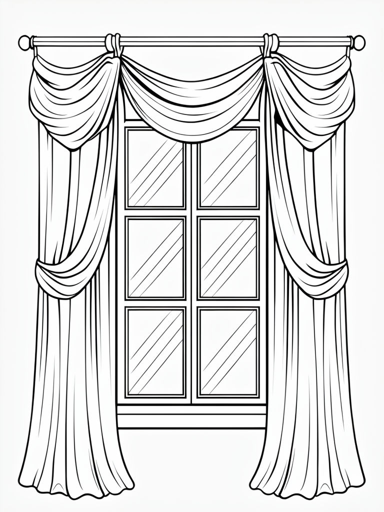 Elegant Black and White Window and Curtains Line Drawing for Coloring Book Pages