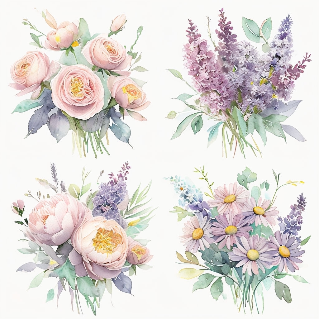 Pastel Watercolor Floral Arrangement Grid Seamless Pattern