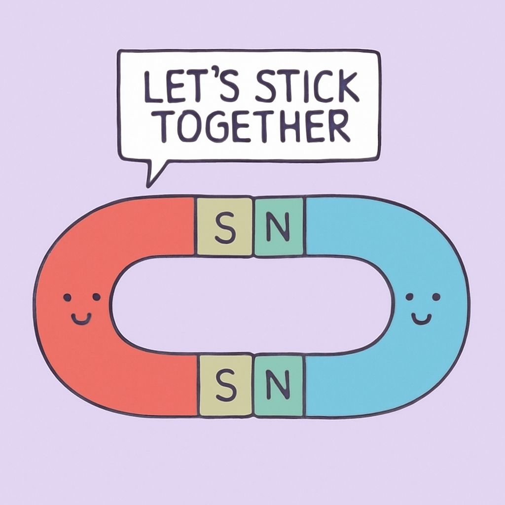 Cheerful Cartoon Magnet with 'Let's Stick Together' Message Sticker