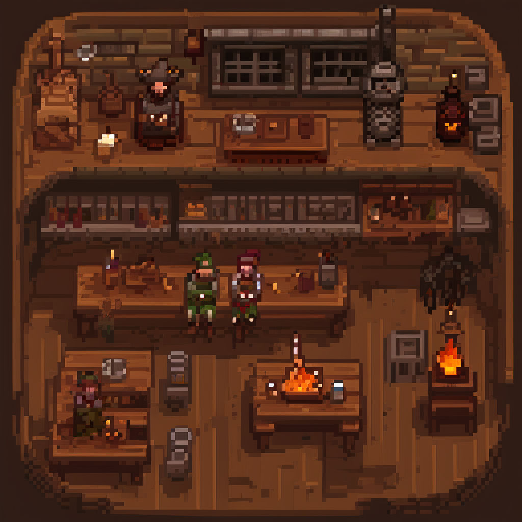 Pixel art capturing a bustling fantasy tavern interior by Filipe Duarte ...