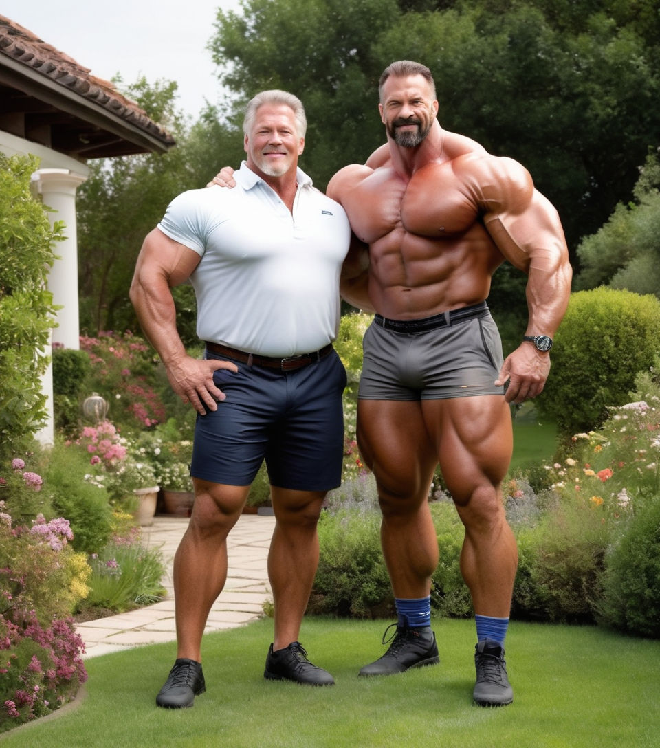 full-body photo of 2 barefoot mature fat burly guys