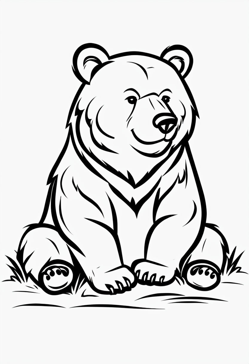 Calm Grizzly Bear Sitting on Grass Line Drawing for Coloring Book Pages