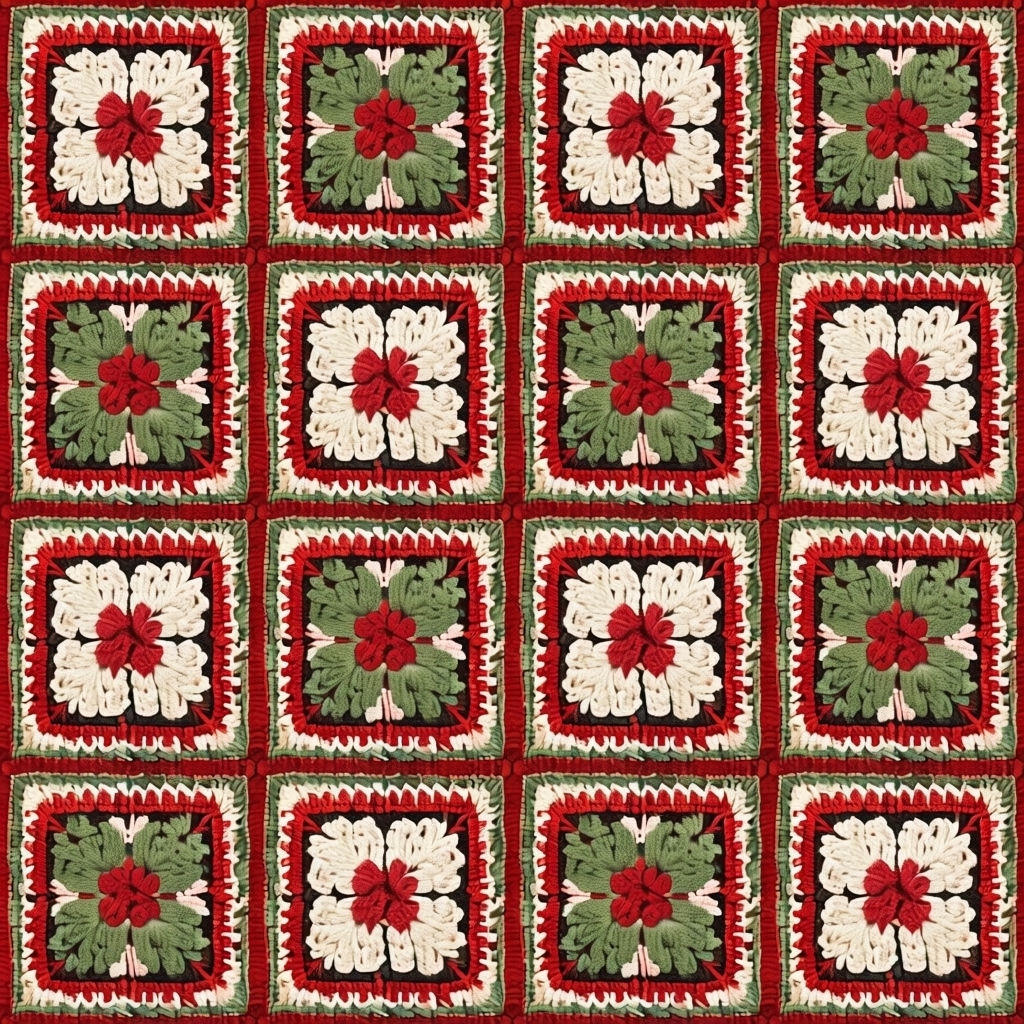 Christmas Crochet Floral and Checkerboard Seamless Pattern