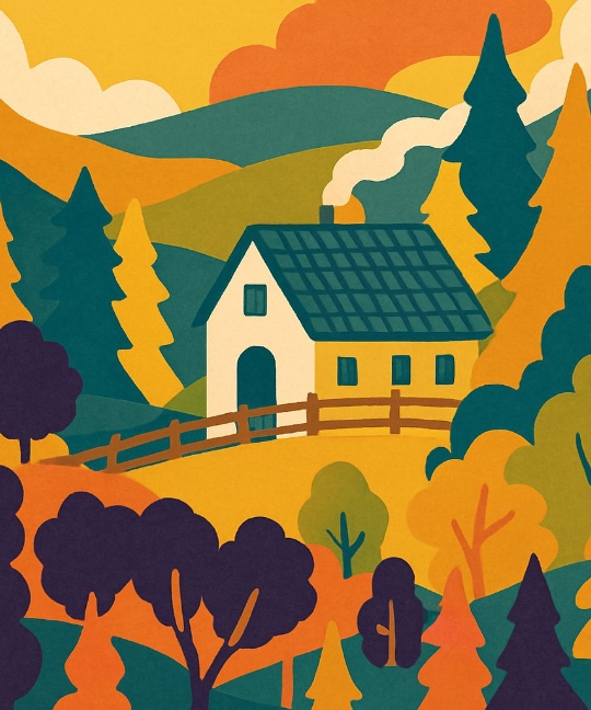 Whimsical Autumn Landscape with Cozy House Illustration Art