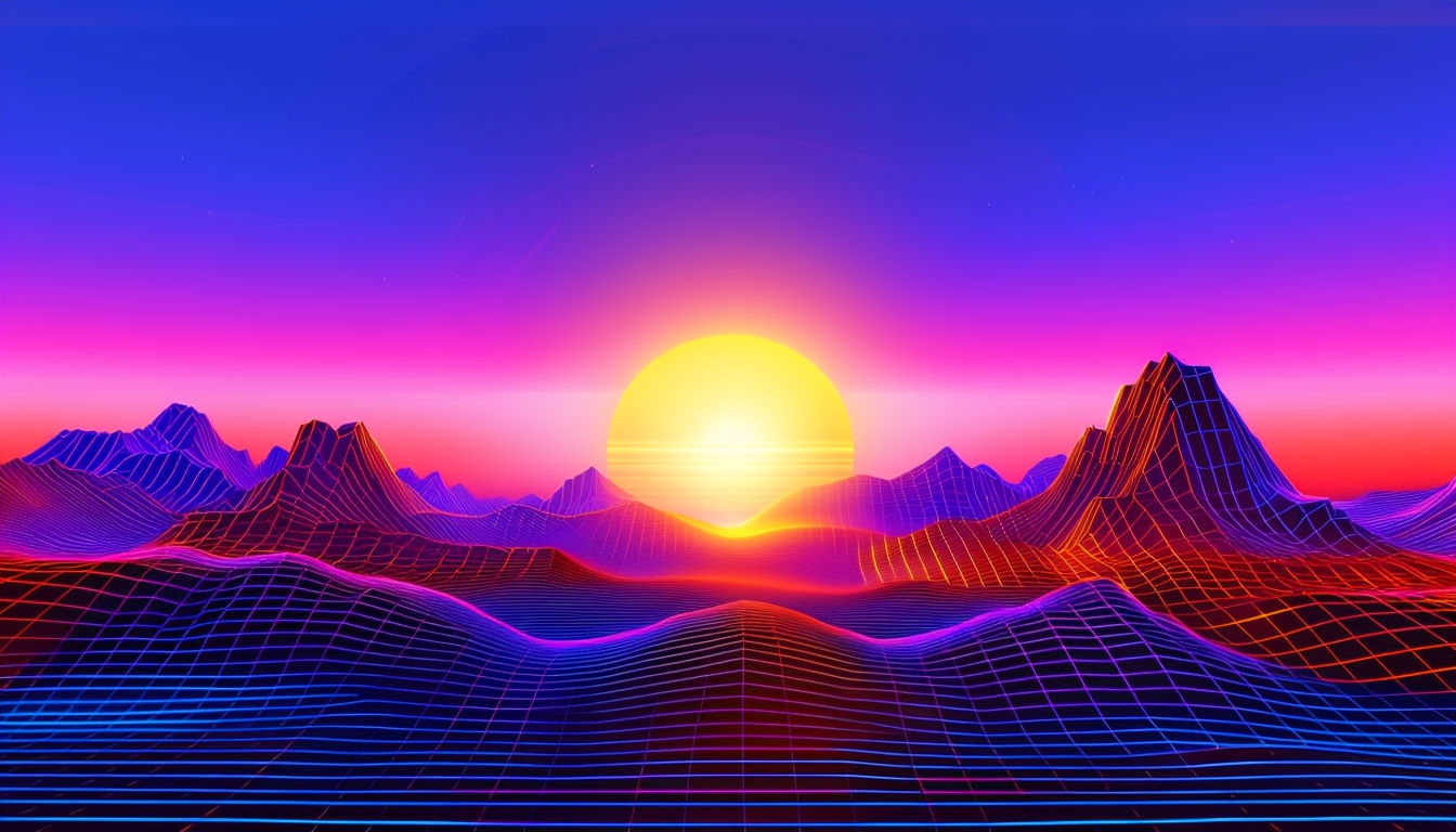 Retro-Futuristic Surreal Landscape with Neon Mountains Background