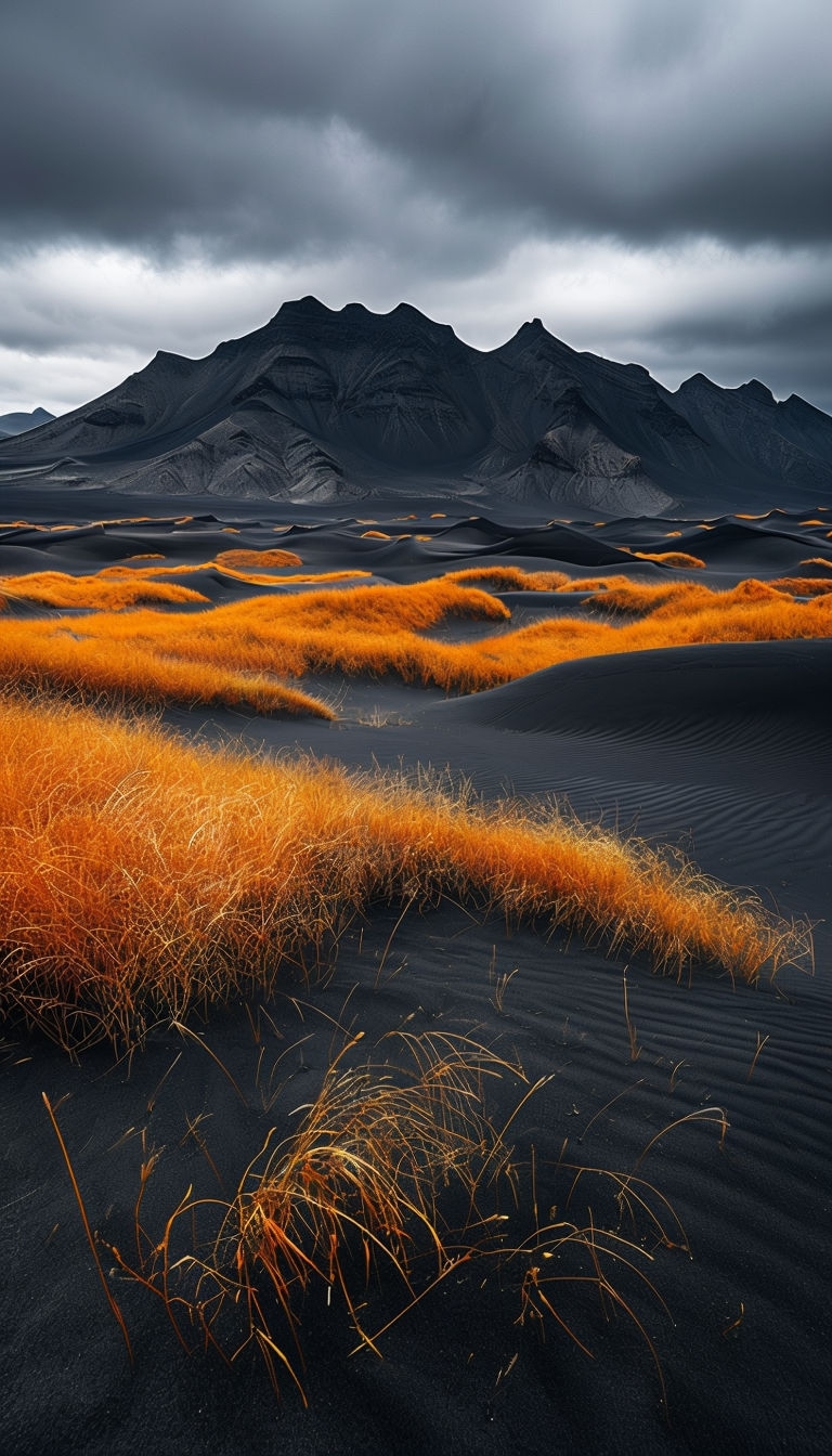 Vibrant Orange Grasses Against Charcoal Sand Dunes Landscape Mobile Wallpaper