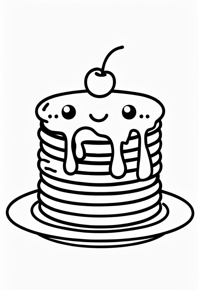 Cute Cartoon Pancake Stack with Cherry Coloring Book Page