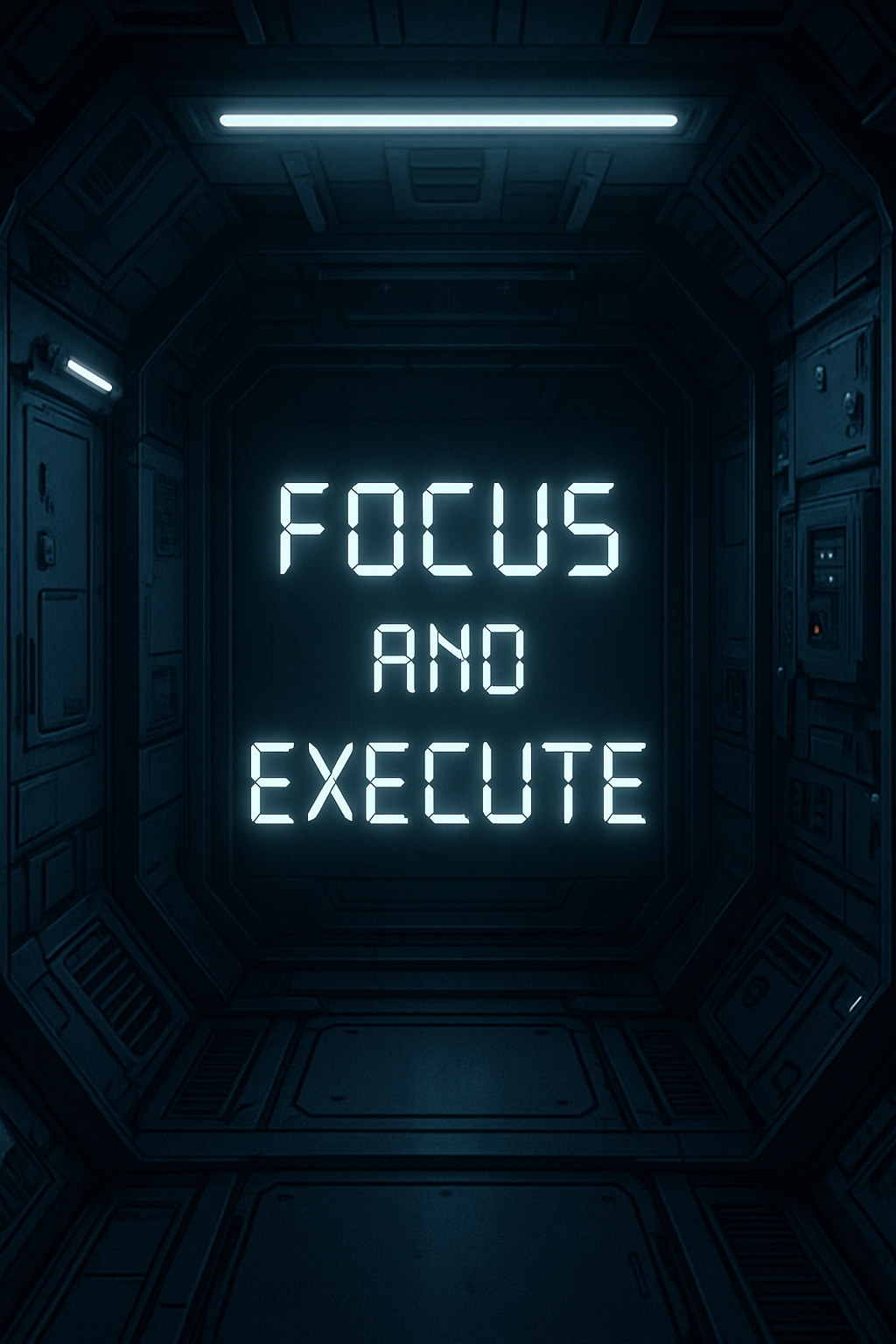 Futuristic Sci-Fi Corridor with Focus and Execute Text Mobile Wallpaper