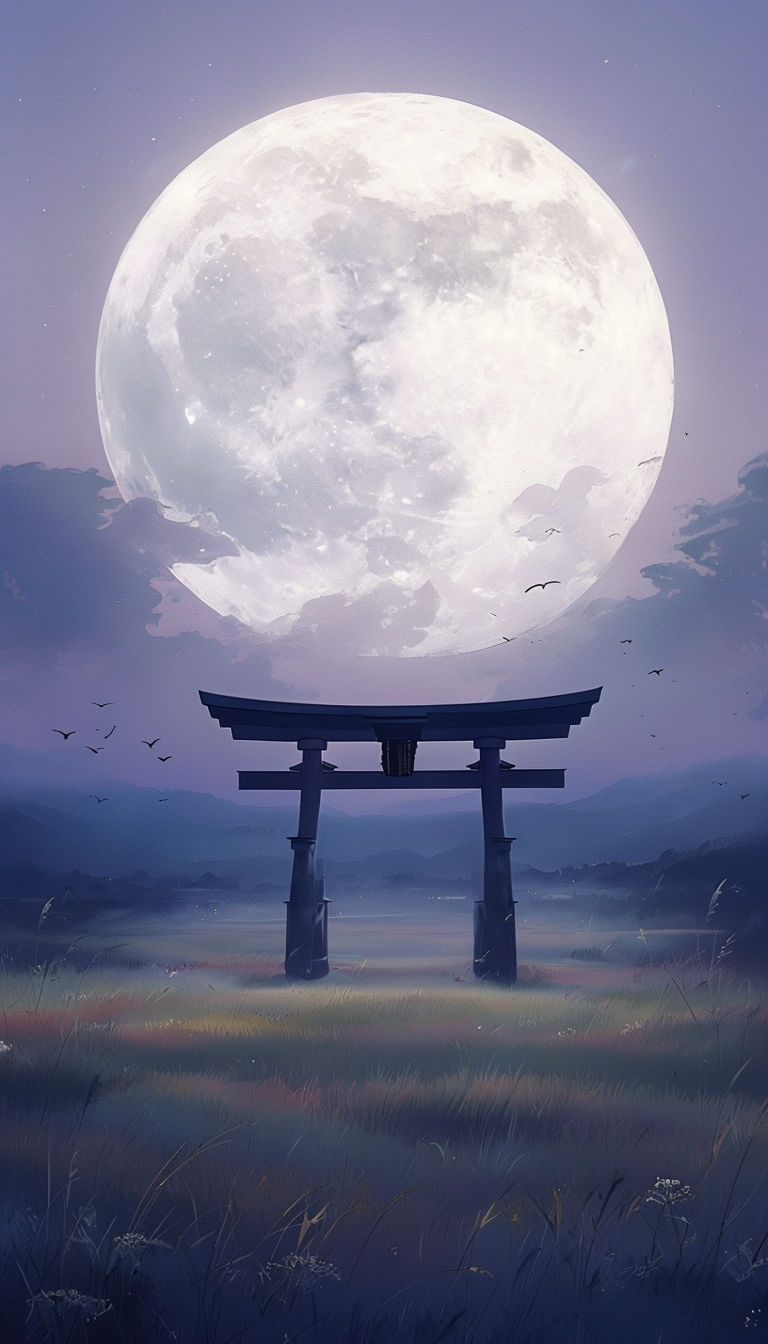 Serene Twilight Torii Gate Under a Glowing Moon Mobile Wallpaper