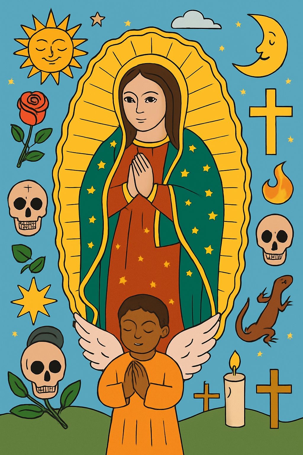 Vibrant Our Lady of Guadalupe Spiritual Cartoon T-Shirt