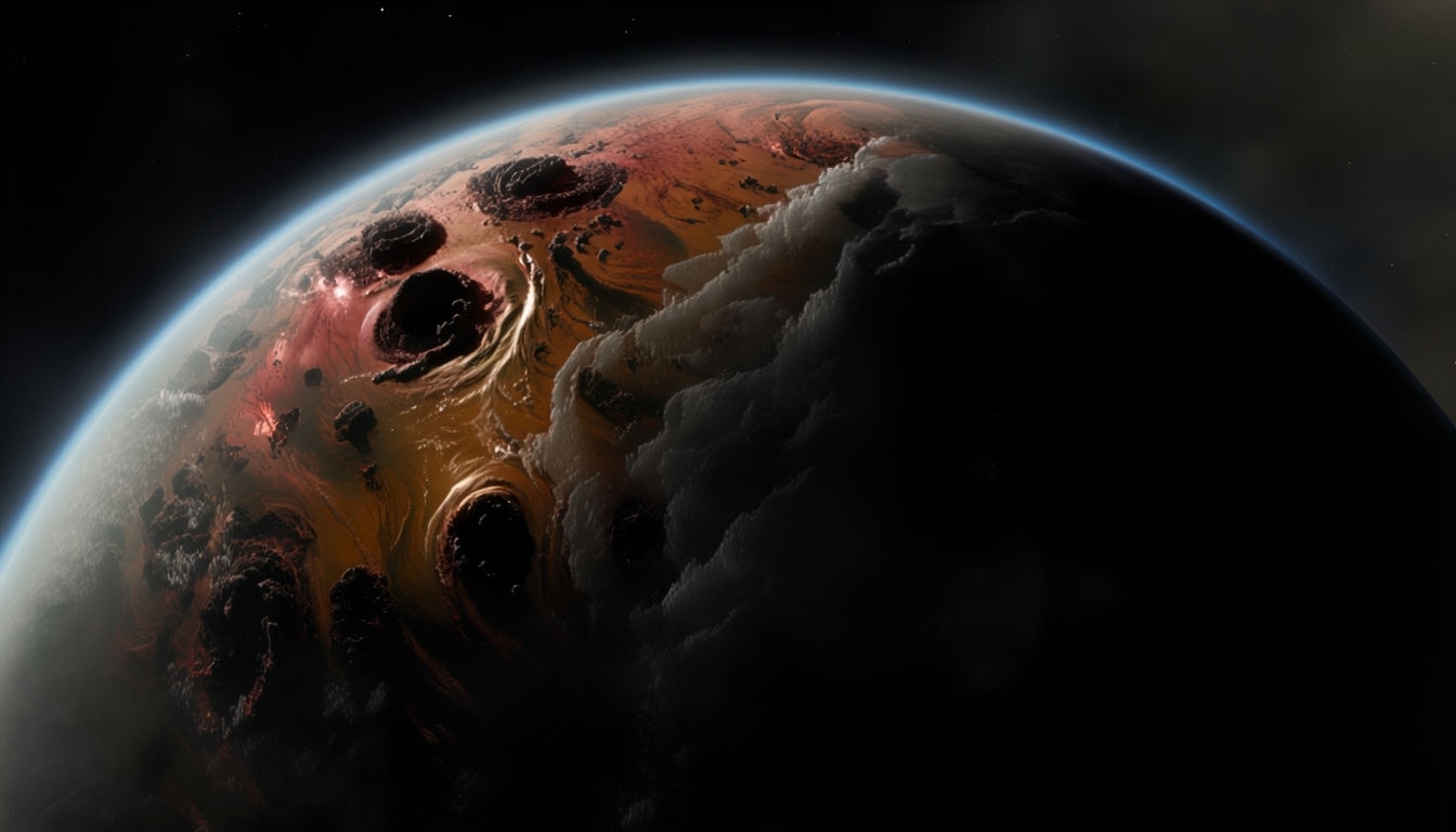Mysterious Dark Planet Orbit with Stormy Atmosphere Background