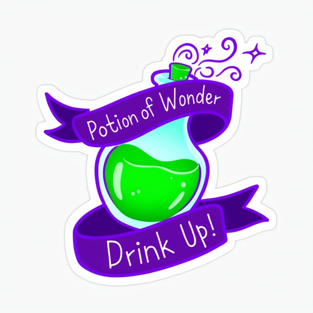 Whimsical Magical Potion Bottle Sticker with Ribbons and Text