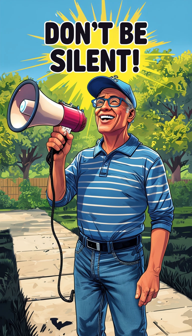 Cheerful Middle-Aged Man with Megaphone and Motivational Message Poster