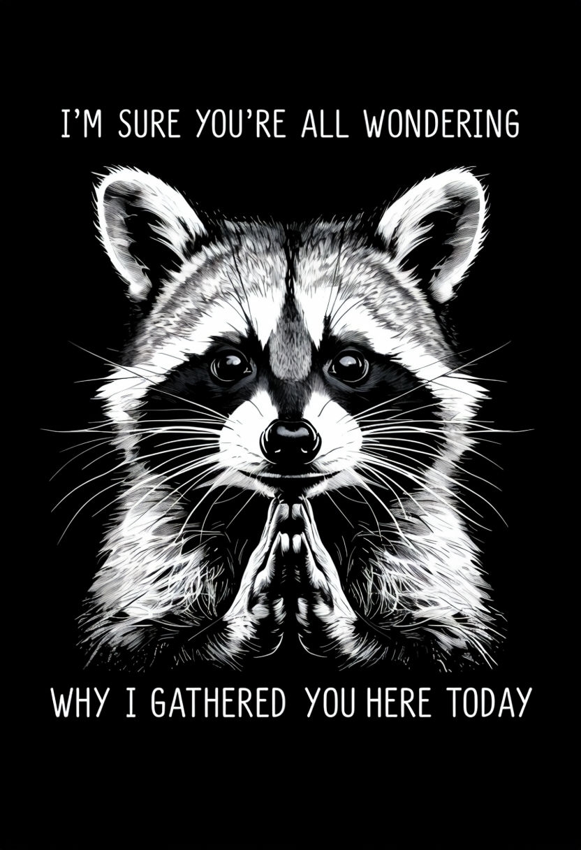 Whimsical Raccoon Illustration with Humor and Text Poster