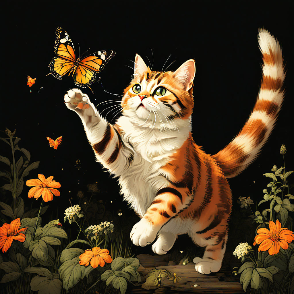 A full-body diagram of a cat catching a butterfly by 葉阿萩 - Playground