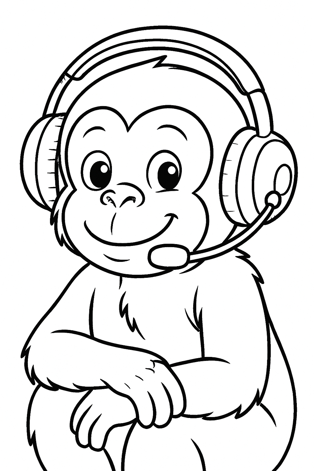 Friendly Cartoon Monkey Character with Headphones Coloring Book Page